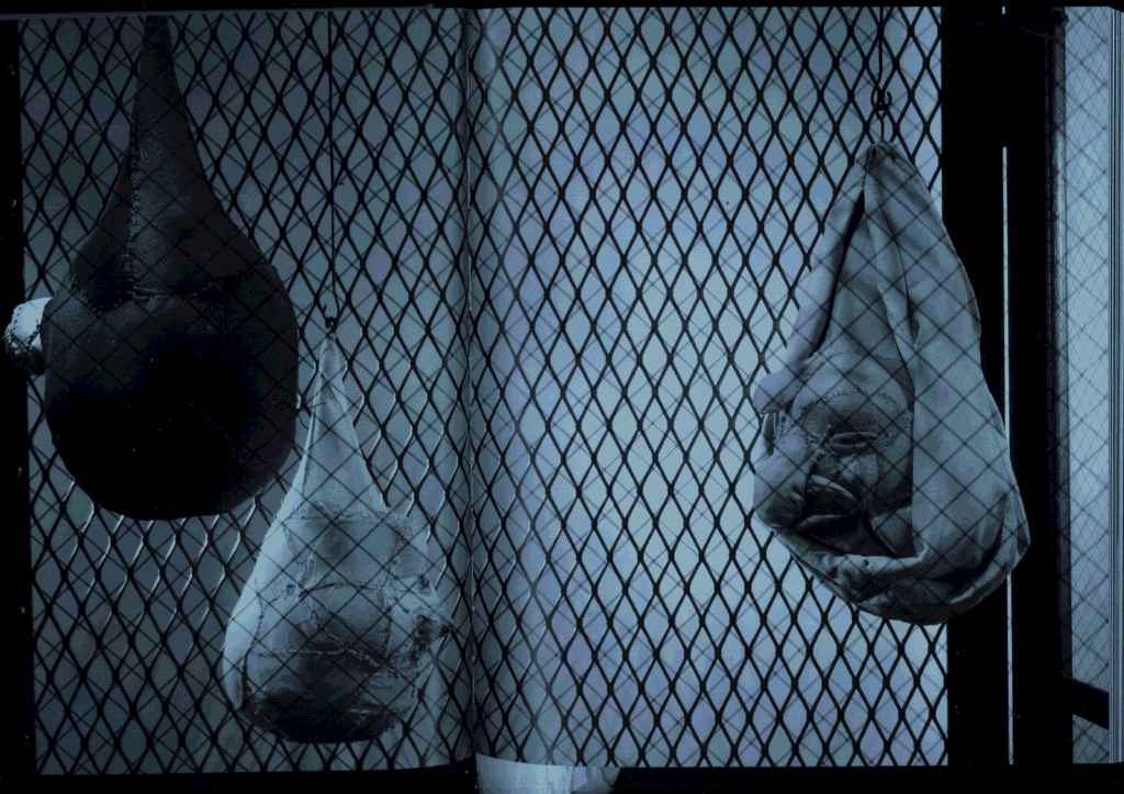 Three objects, resembling hams or sacks, hang from hooks in front of a metal wire mesh fence with a blueish tint. The objects appear worn and textured, positioned against a dark industrial background.