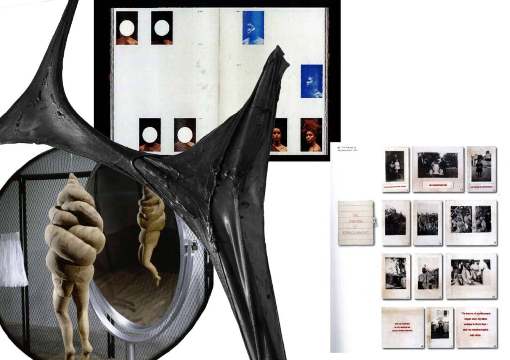 A collage featuring abstract black shapes, a twisted fabric sculpture in front of a mirror, an open book with portraits and graphics, and a grid of vintage black-and-white photos with red captions on a white background.
