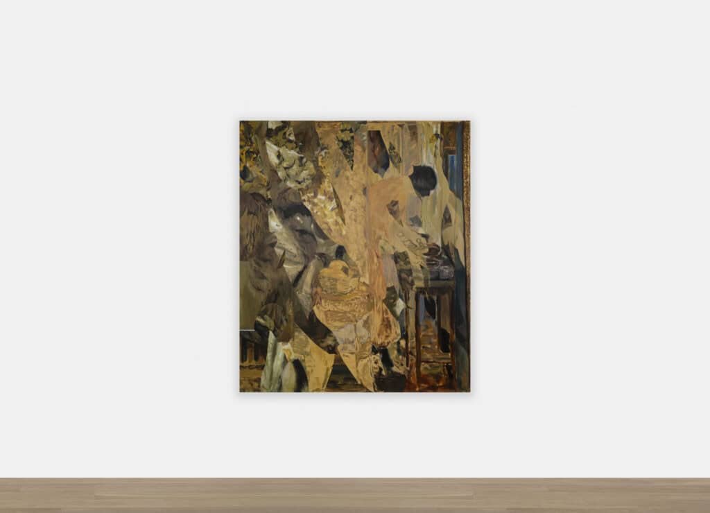 An abstract figurative oil painting by Dean Fox titled Avoiding Mary, showing a silhouette of a figure at a desk within a complex, layered composition of earthy tones and architectural shapes.