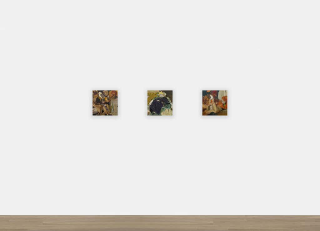 A contemporary triptych of three small square paintings by Dean Fox titled Hidden Form I, displaying intricate abstract figures and warm color palettes on a gallery wall.