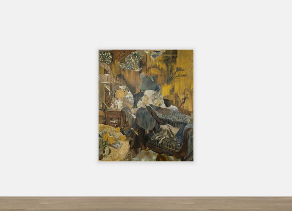 An expressive contemporary painting by artist Dean Fox titled Keeping the Books on the Shelf, featuring a cluttered interior scene with a figure, books, and vibrant yellow flowers in a rich, textured style.