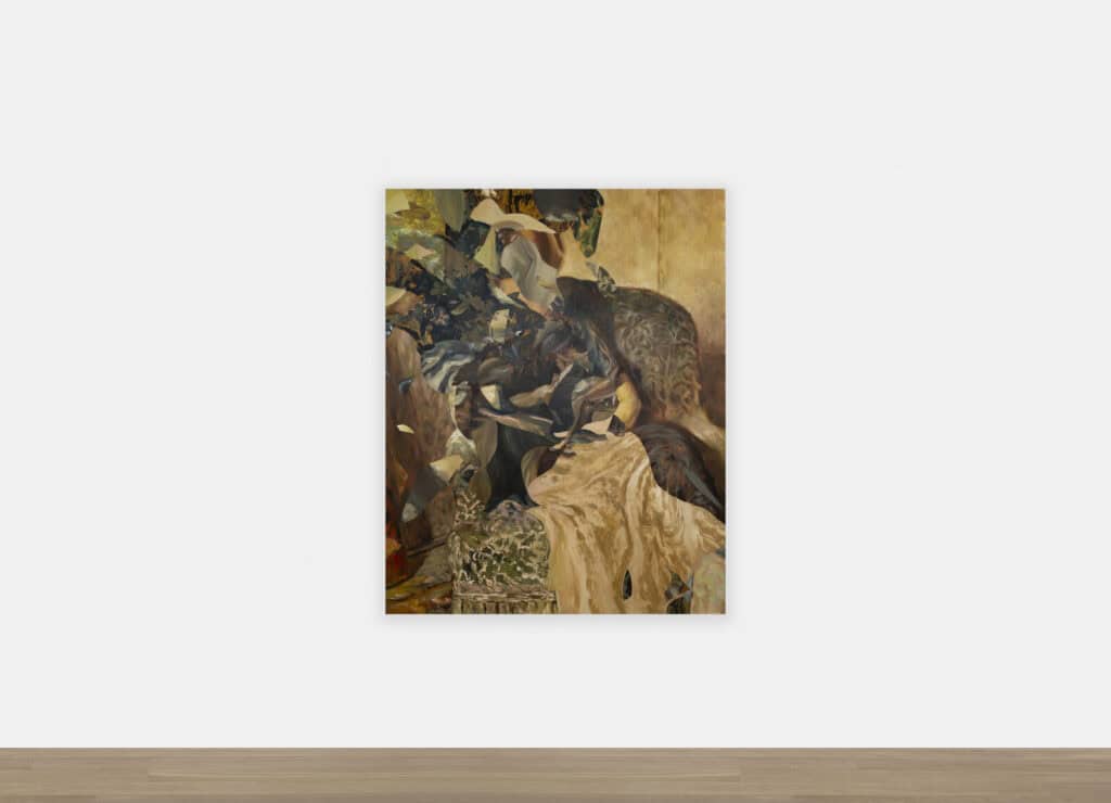 A textured, semi-abstract portrait by Dean Fox titled Sitting II, depicting a seated figure blending into a background of muted gold, grey, and brown brushstrokes.