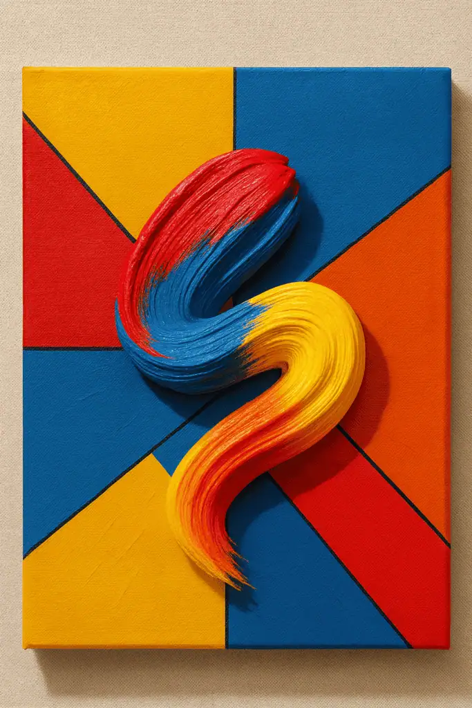 A vibrant abstract painting by Halise Karakaya featuring a thick, multi-colored red, blue, and yellow brushstroke over a geometric background.