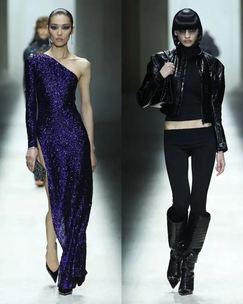 A split image shows two models on a Gucci AW26 runway: the left wears a shimmering one-shoulder purple sequin gown with a thigh-high slit, and the right wears a black cropped jacket, black top, leggings, and knee-high black boots.