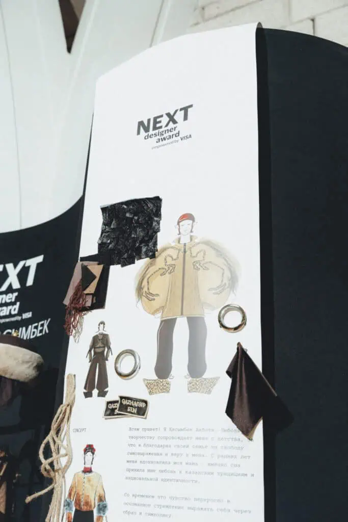 A vertical fashion moodboard for Akbota Kasymbek’s "Kökpar" collection, featuring fabric swatches, technical sketches of oversized jackets, and the NEXT Designer Award logo.
