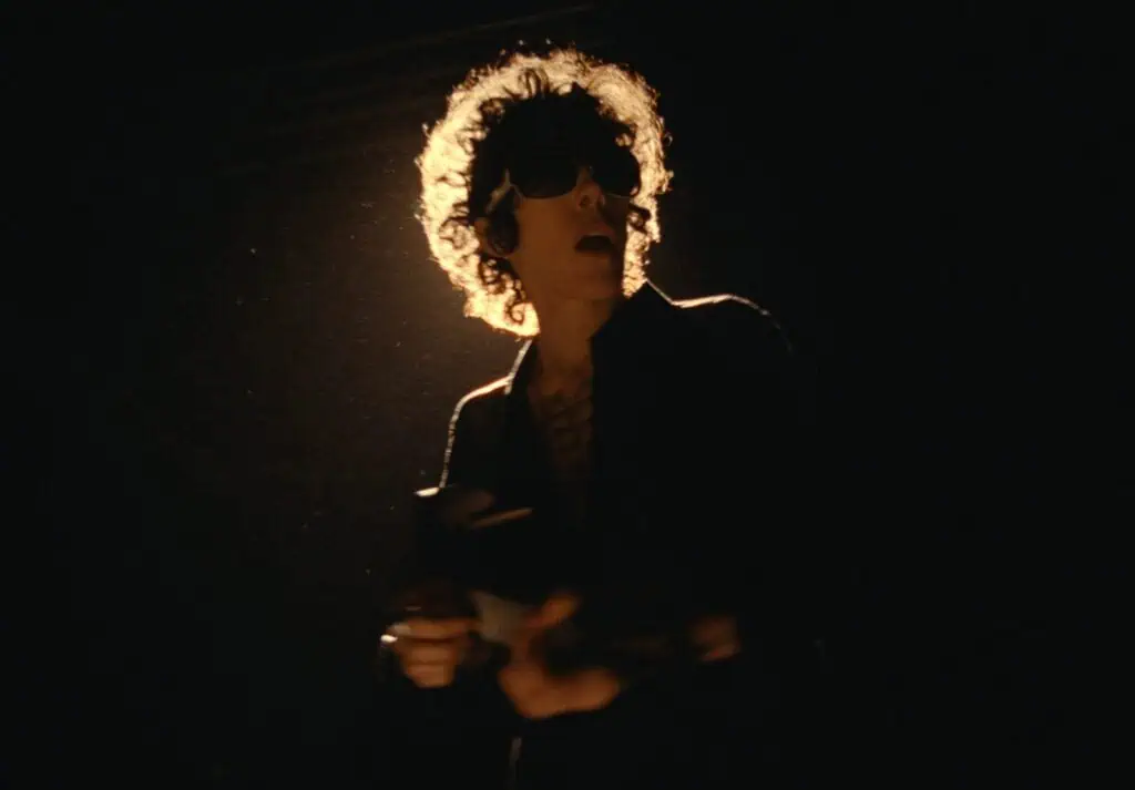 A dramatic low-light silhouette of artist LP, featuring their iconic curly hair and sunglasses highlighted by a strong backlight against a dark, hazy background.
