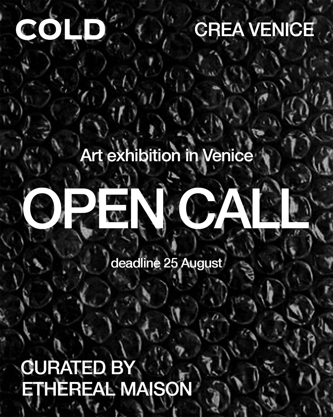 Opencall graphic of The cold magazine in partnership with Crea Venice and Ethereal maison