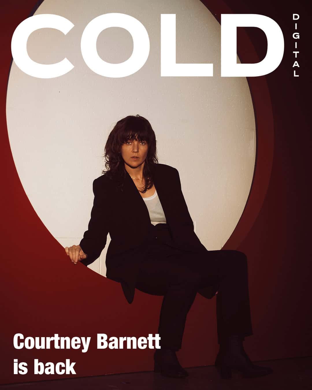 Courtney Barnett on the digital cover of COLD Magazine. The Australian singer-songwriter is sitting inside a red circular architectural frame, wearing a black suit and white top. Text reads "Courtney Barnett is back".