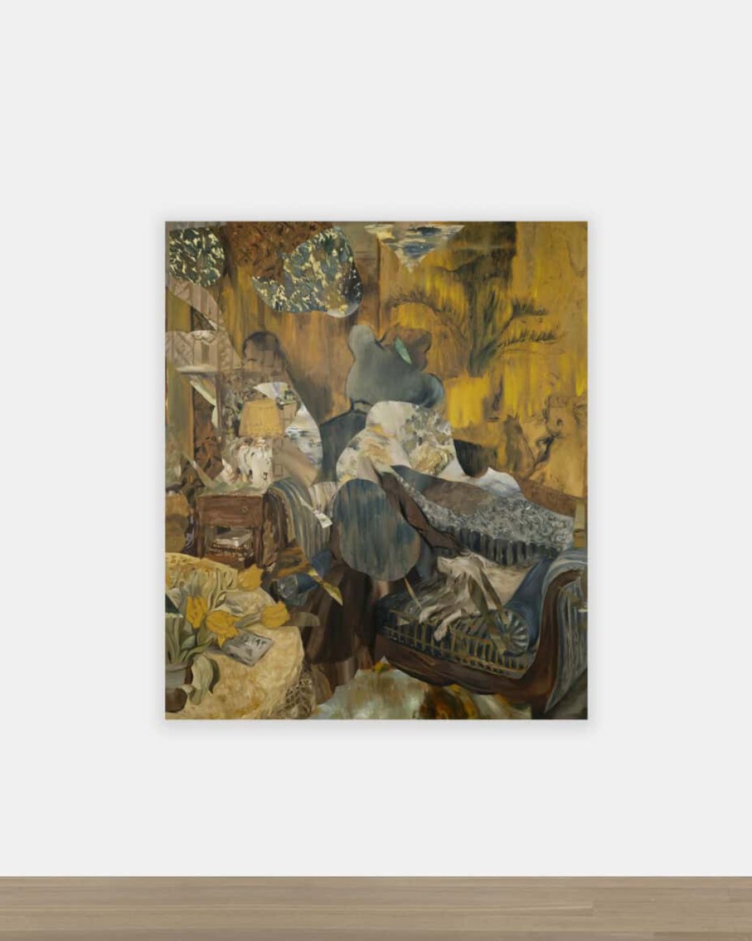 An expressive contemporary painting by artist Dean Fox titled Keeping the Books on the Shelf, featuring a cluttered interior scene with a figure, books, and vibrant yellow flowers in a rich, textured style.