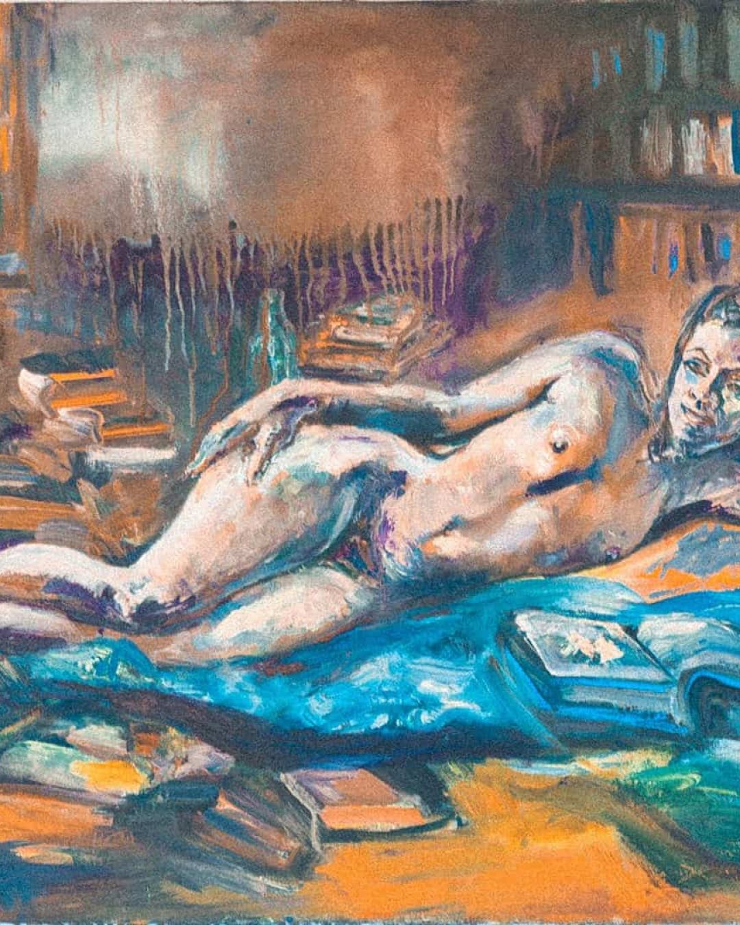 “Erotic expressionist painting by Philip Firsov showing a reclining nude woman surrounded by books in a dimly lit London studio during the Louche London art salons.”